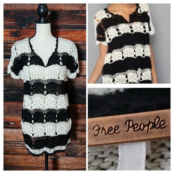 Free People Crochet Top Small Silk Linen Cotton Black White Striped Boho Tunic - Picture 1 of 11